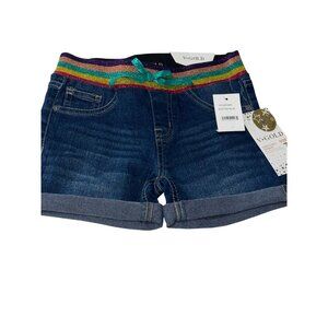Girls V-Gold Denim Shorts With Rainbow Glitter Waistband & Adjustable Size 7